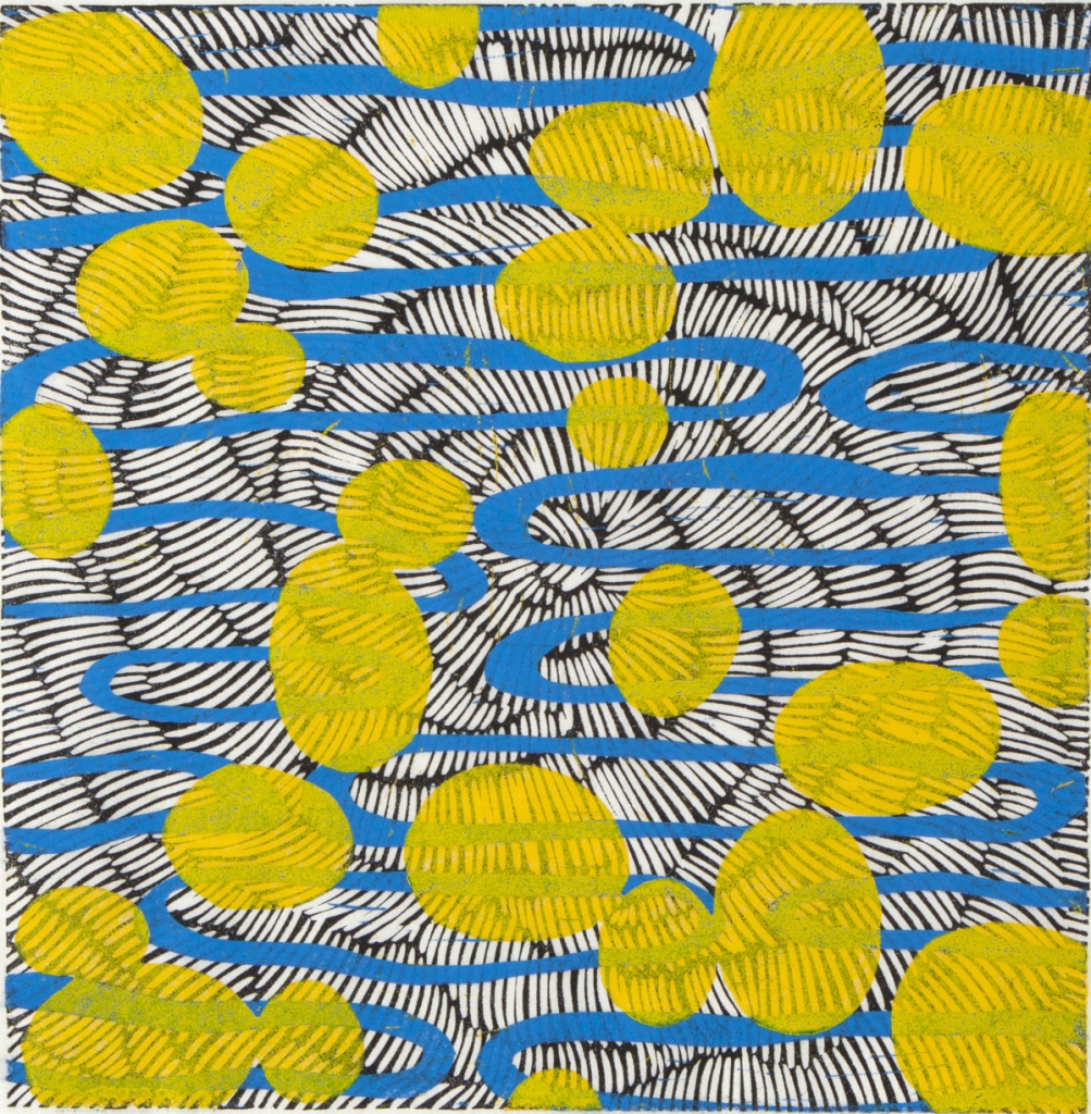 Night Web, Azure Rings,, Citron Balls, 2013, relief print on Sekishu paper by Sue Heatley. CROPPED