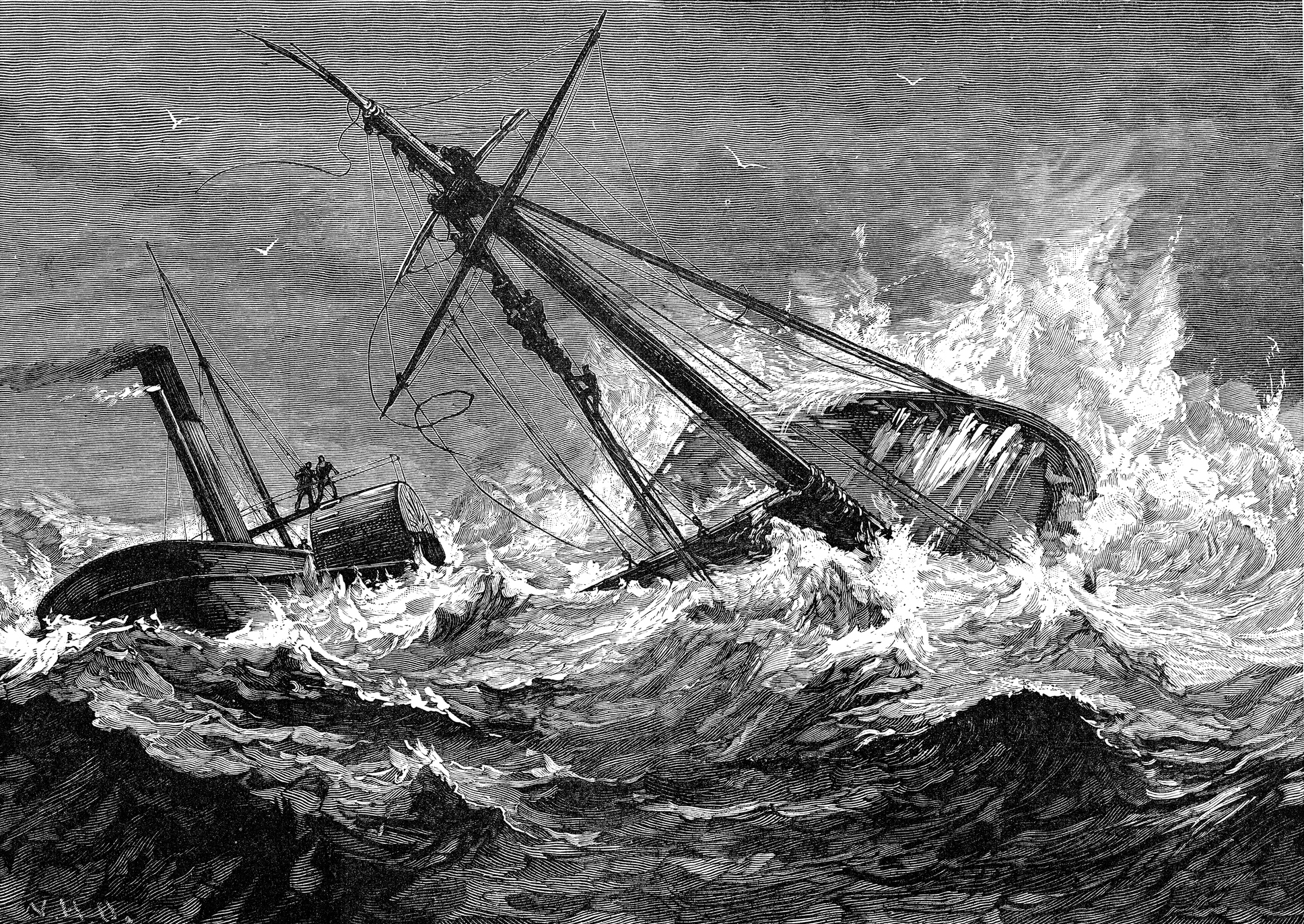 Vintage engraving showing thye Wreck of the Wool Packet on Bideford Bar, off Devon, England