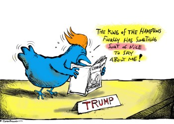 Donald Trump reads Dan's Papers cartoon by Mickey Paraskevas