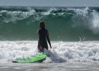 Female surfer entering water