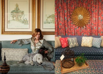 Lisa Fine with GoGo and Pasha (left), Irving and Fine room (right), from the ARF Designer Show House