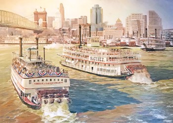 Painting by Michael Blaser of the paddleboat Natchez steaming off New Orleans with the City of St. Louis