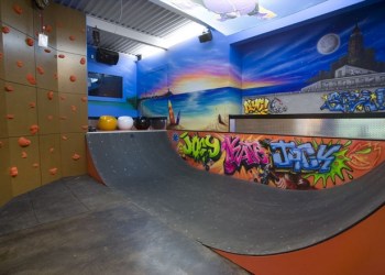 Halfpipe and climbing wall at the Sandcastle