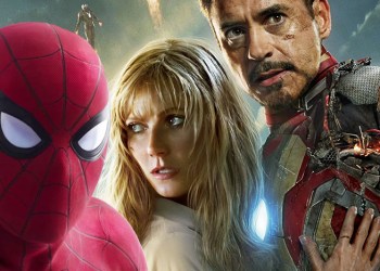 Gwyneth Paltrow as Pepper Potts with Tom Holland's Spider-Man and Robert Downey Jr. as Tony Stark