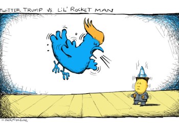 Trump vs Kim Jong-un cartoon by Mickey Paraskevas