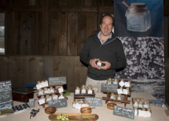 Bringing gifts from the ocean, Steven Judelson of Amagansett Sea Salt Co. offered his family's beautifully crafted selected of sea salts.