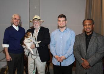 January guest readers Michael Golub, Dan's Papers founder Dan Rattiner with Bella, Nick Knap, William Hill