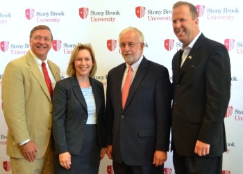 Stony Brook University President Dr. Samuel Stanley, Senator Kirsten Gillibrand, Congressman Tim Bishop and Long Island Association CEO Kevin Law.