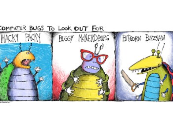 Computer bugs cartoon by Mickey Paraskevas