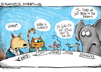 Diplomatic meeting cartoon by Mickey Paraskevas