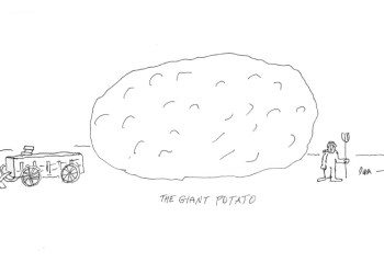 A hand drawn cartoon of a giant potato with a little man standing by it holding a pitchfork and a cart