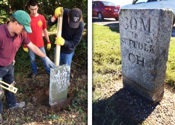 Joel Snodgrass, Sam Basel and Aidan Vandenburgh restoring a mile marker