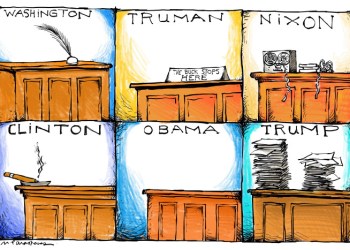 Presidential podiums cartoon by Mickey Paraskevas