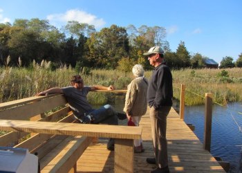 Matthew Bobek, Susan Richardson, Zachary Cohn enjoy the new Pussy's Pond footbridge