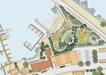 The proposed condominium building is in orange. The park and its beach are upper right. The bridge to North Haven runs along the top. The parking lot lower right is in front of the 7-Eleven. Post Office is at the bottom across the street