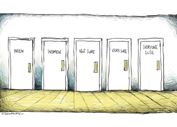 Transgender bathroom cartoon by Mickey Paraskevas