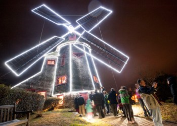 The Stony Brook Southampton Windmill lighted for the holidays.