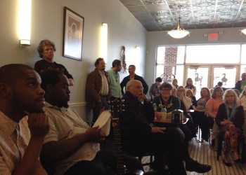 The community gathers at the monthly Poetry Street at Blue Duck Bakery in Riverhead