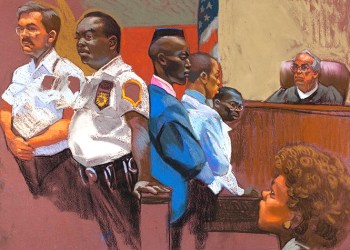 Drawing of Central Park Five trial. Sketch by Christine Cornell