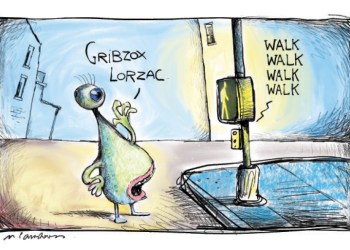 Alien crosswalk cartoon by Mickey Paraskevas