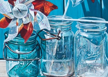 Dan's Papers cover art realism painting by Scott Hewett featuring Ball jars and pinwheels