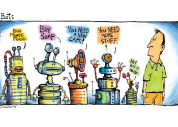 cartoon by Mickey Paraskevas showing a bunch of robots and a man