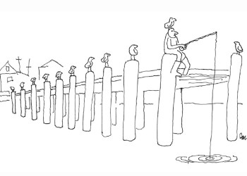 line drawing of man fishing off a pier with seagulls on every post, and a gull on his head