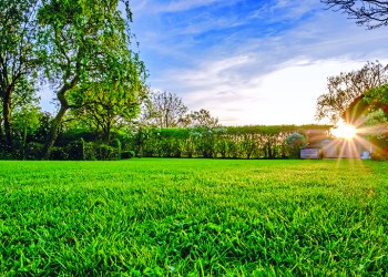 Majestic sunset seen in late spring, showing a recently cut and well maintained large lawn in a rural location. The sun can be seen setting below a distant hedge, producing a sunburst effect.