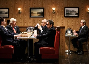 Mikey Day as Donald Trump Jr., Alec Baldwin as President Donald Trump, Kate McKinnon as Rudy Giuliani, Ben Stiller as Michael Cohen, Robert De Niro as Robert Mueller during Saturday Night Live's 