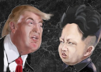 A cartoon with caricatures of Donald Trump and Kim Jong-un