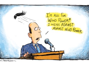 Cartoon by Mickey Paraskevas with man at podium with toupee blowing off in wind