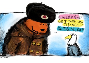 Russian bear and eagle cartoon by Mickey Paraskevas