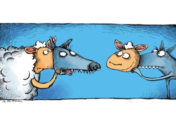 Sheep and wolf cartoon by Mickey Paraskevas