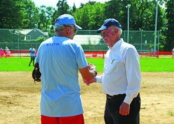 Ken Auletta and Leif Hope at the 2017 Artists & Writers Softball Game