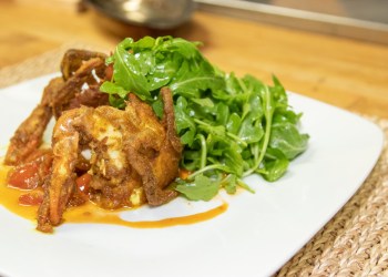 Braun Seafood Soft Shell Crab, Curry Dusted, Tomato Sherry Mint Sauce & Arugula Salad