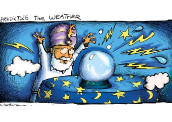 Dan Rattiner predicting the weather with crystal ball cartoon by Mickey Paraskevas