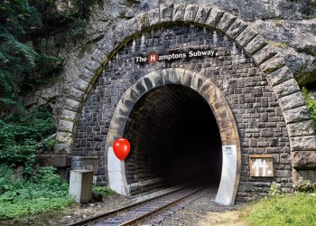 Errant red balloon outside the Hamptons Subway tunnel