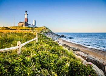 Montauk Point with lighthouse and bluffs