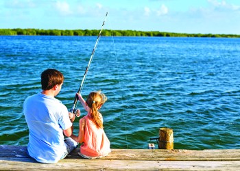 80042215 - family father and daughter fishing together from wooden jetty