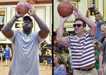 Shaq and Jimmy Fallon shoot hoops at the special screening of 