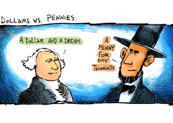 Dollars vs. pennies cartoon with George Washington saying 