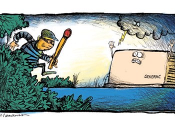 Cartoon by Mickey Paraskevas with criminal with giant match heading toward Generac backup generator