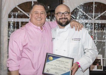 Dan's Papers President and Editorial Director Eric Feil congratulates St. Charles Executive Chef Thomas Mulzoff on his award, Photo: Barbara Lassen