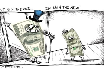 Money in and out cartoon by Mickey Paraskevas