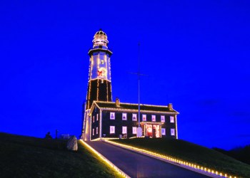 Montauk Point Lighthouse lit for the holidays