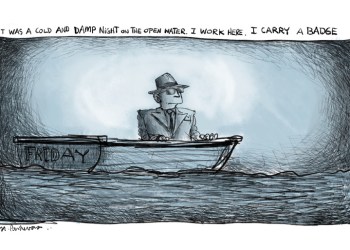 Noir detective on Friday boat cartoon by Mickey Paraskevas