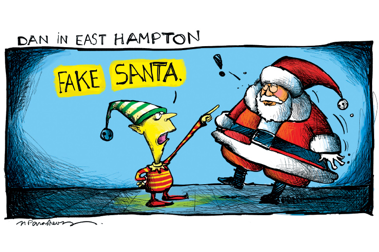 Dan as Santa in East Hampton cartoon by Mickey Paraskevas