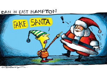 Dan as Santa in East Hampton cartoon by Mickey Paraskevas