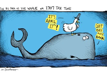 Big Duck vs. Whale cartoon by Mickey Paraskevas