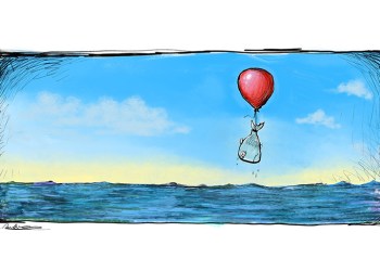 Fish hanging off helium balloon cartoon by Mickey Paraskevas